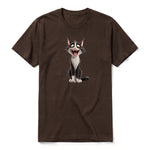 A chocolate short-sleeve crewneck t-shirt for adult featuring a graphic of a cat on the front.