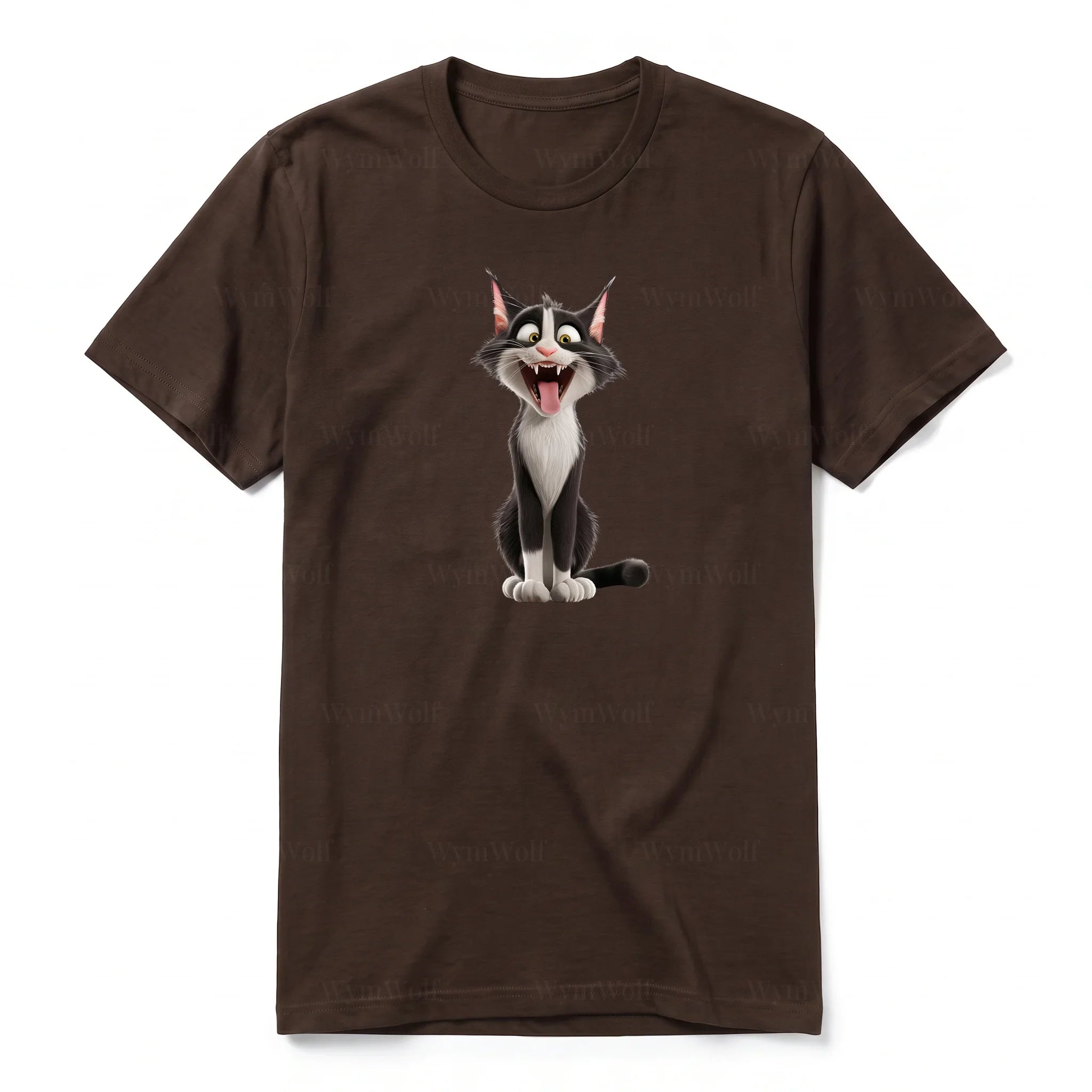 A chocolate short-sleeve crewneck t-shirt for adult featuring a graphic of a cat on the front.