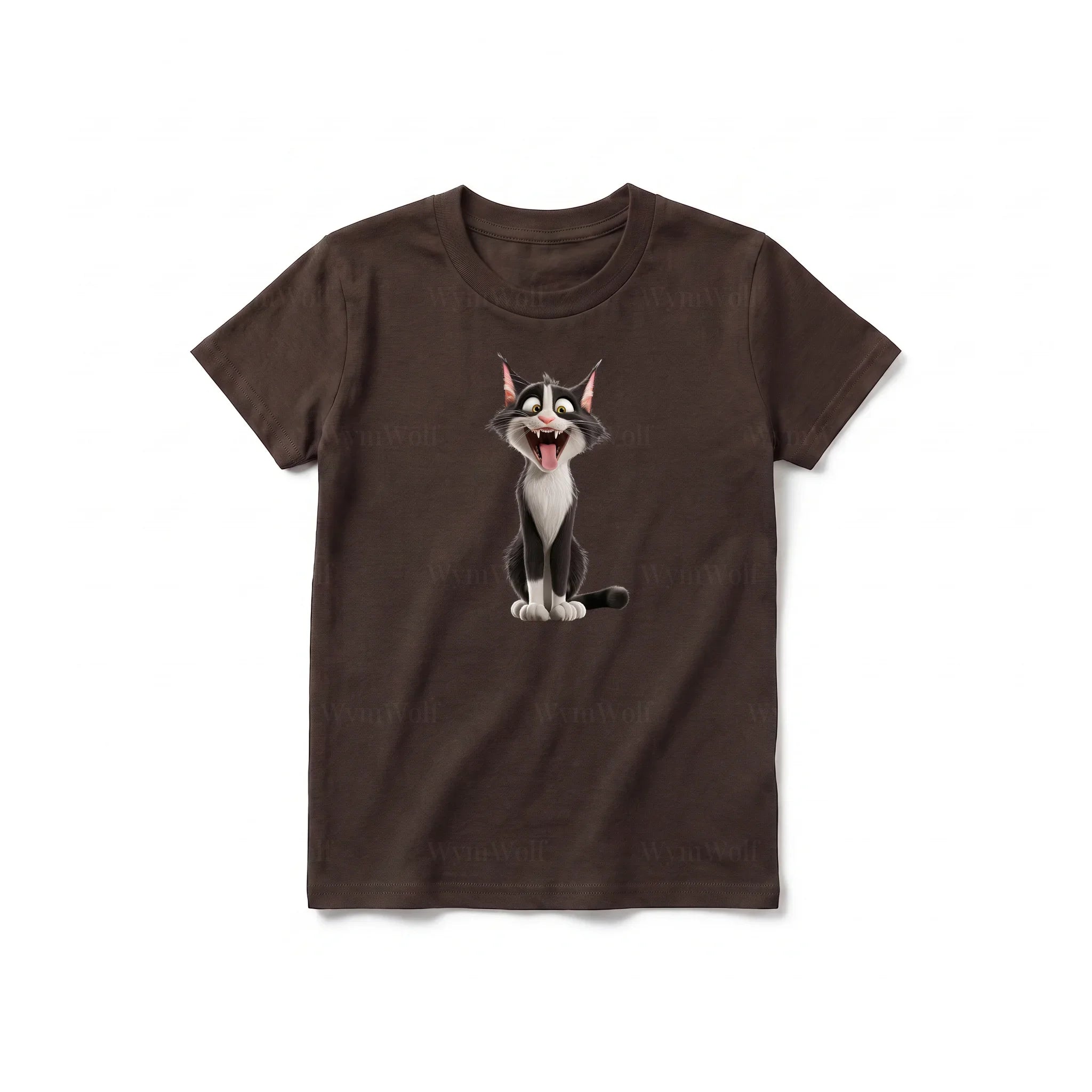 A chocolate short-sleeve crewneck t-shirt for youth featuring a graphic of a cat on the front.
