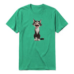A kelly short-sleeve crewneck t-shirt for adult featuring a graphic of a cat on the front.
