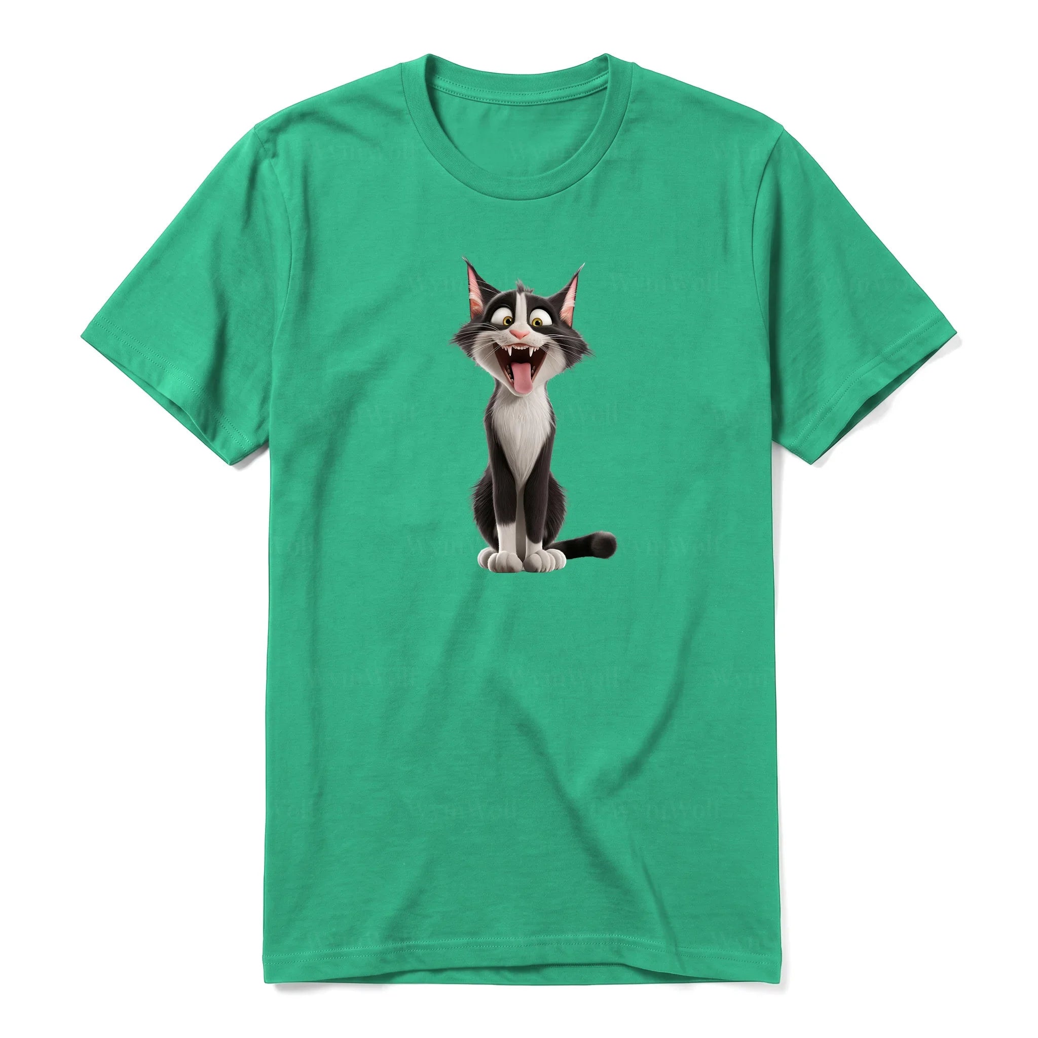 A kelly short-sleeve crewneck t-shirt for adult featuring a graphic of a cat on the front.