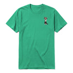 A kelly short-sleeve crewneck t-shirt for adult featuring a graphic of a cat on the left chest.