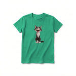 A kelly short-sleeve crewneck t-shirt for youth featuring a graphic of a cat on the front.