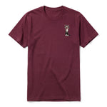 A maroon short-sleeve crewneck t-shirt for adult featuring a graphic of a cat on the left chest.