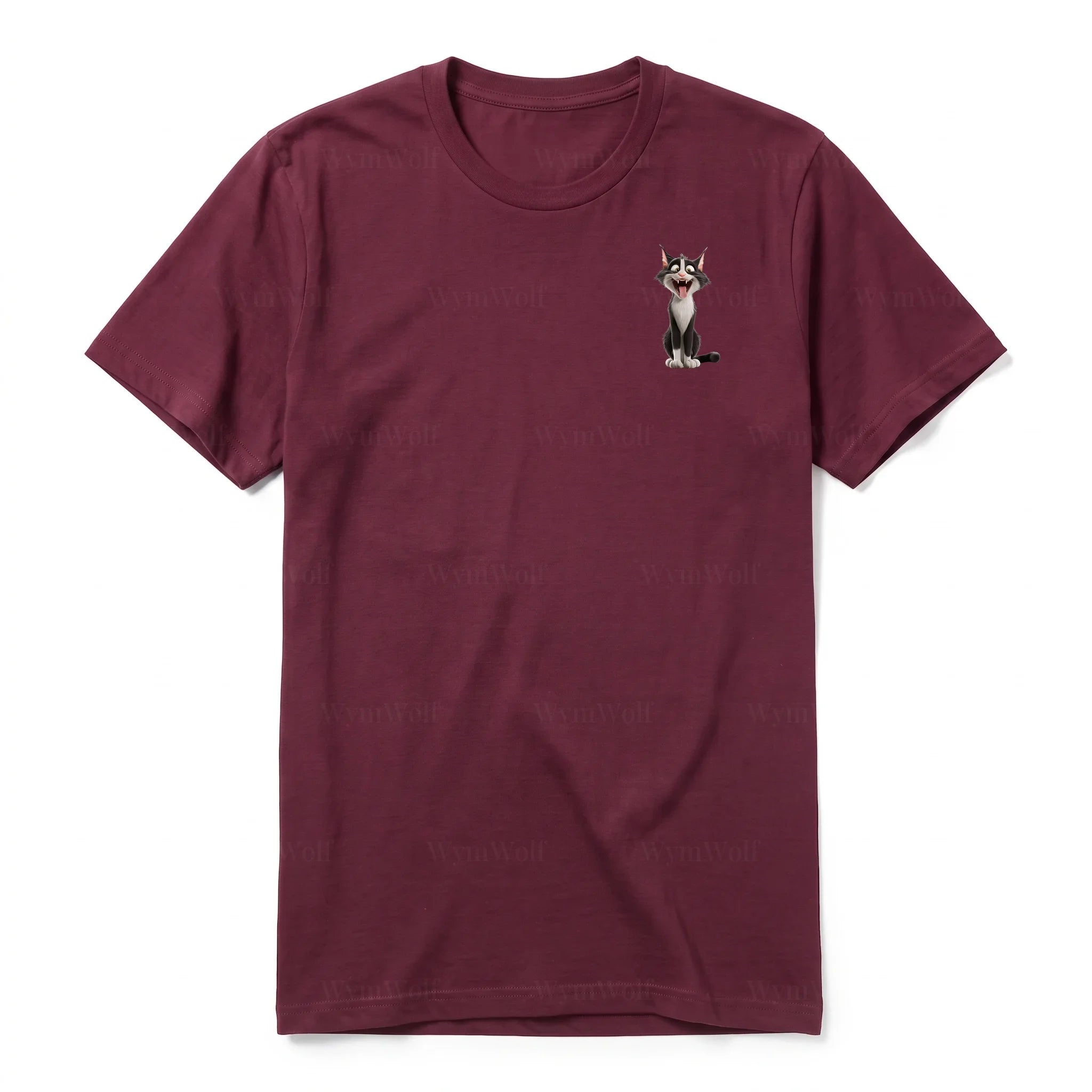 A maroon short-sleeve crewneck t-shirt for adult featuring a graphic of a cat on the left chest.