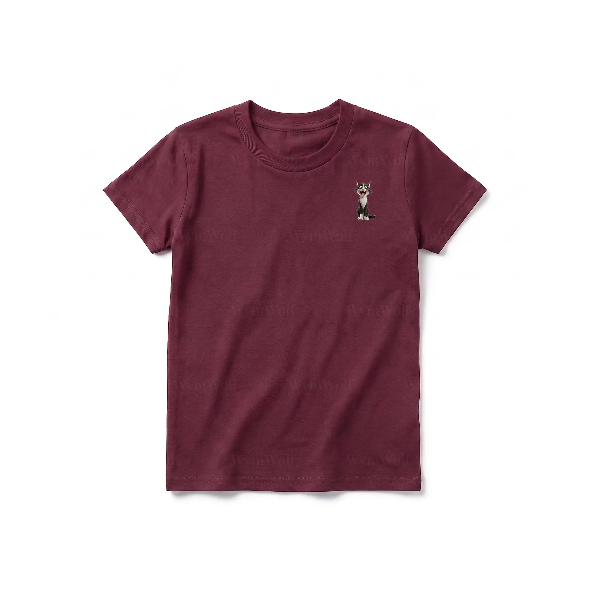 A maroon short-sleeve crewneck t-shirt for youth featuring a graphic of a cat on the left chest.