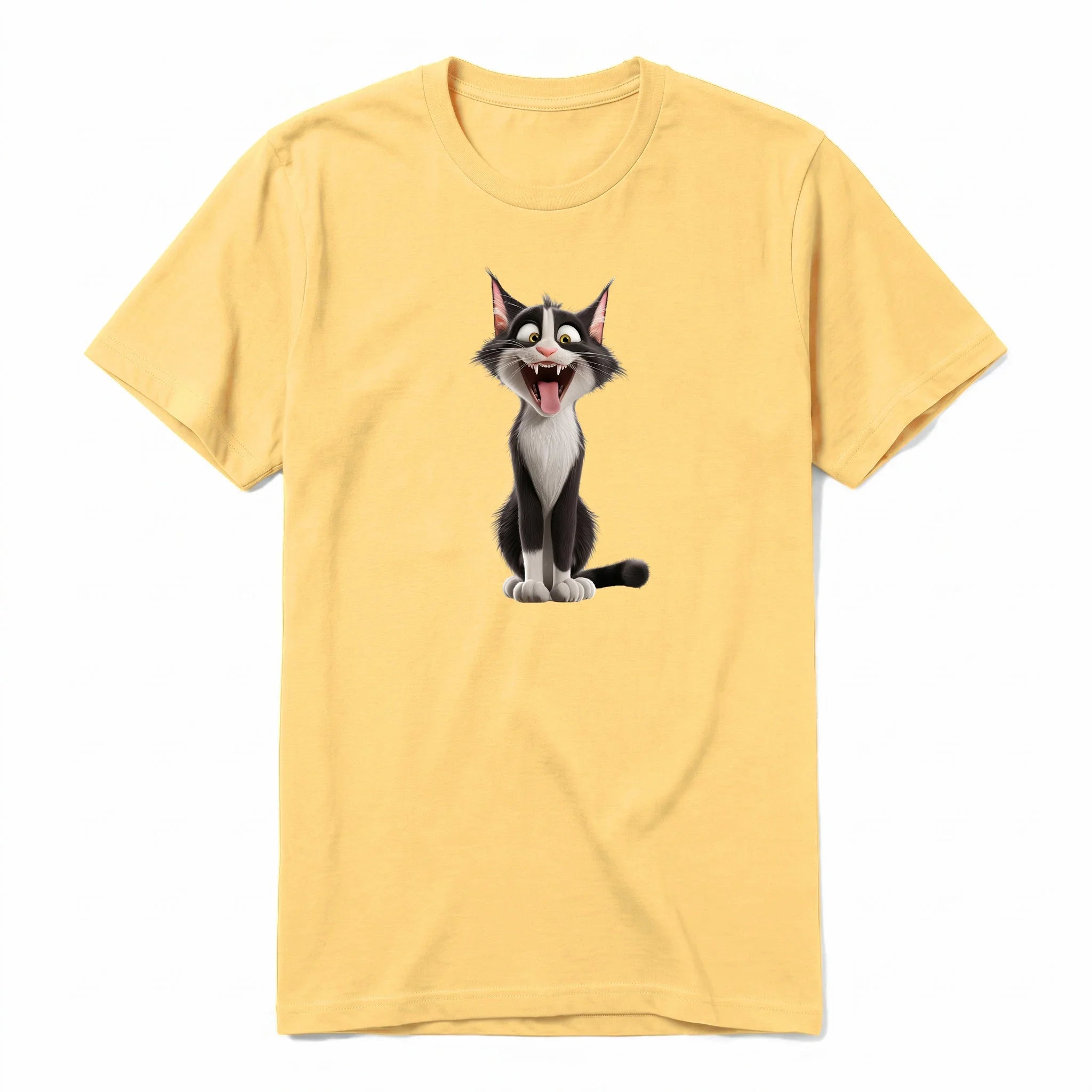 A mustard short-sleeve crewneck t-shirt for adult featuring a graphic of a cat on the front.