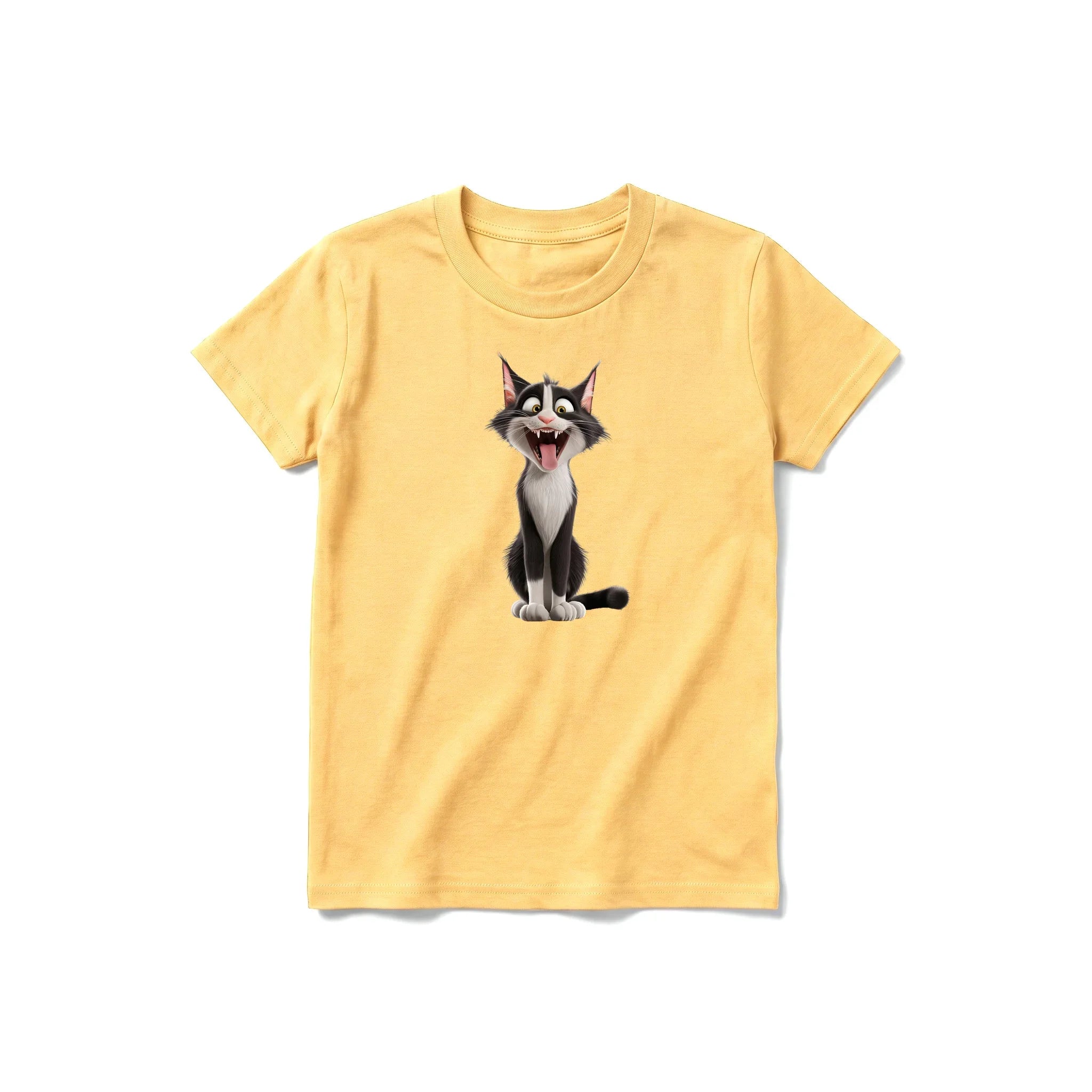 A mustard short-sleeve crewneck t-shirt for youth featuring a graphic of a cat on the front.