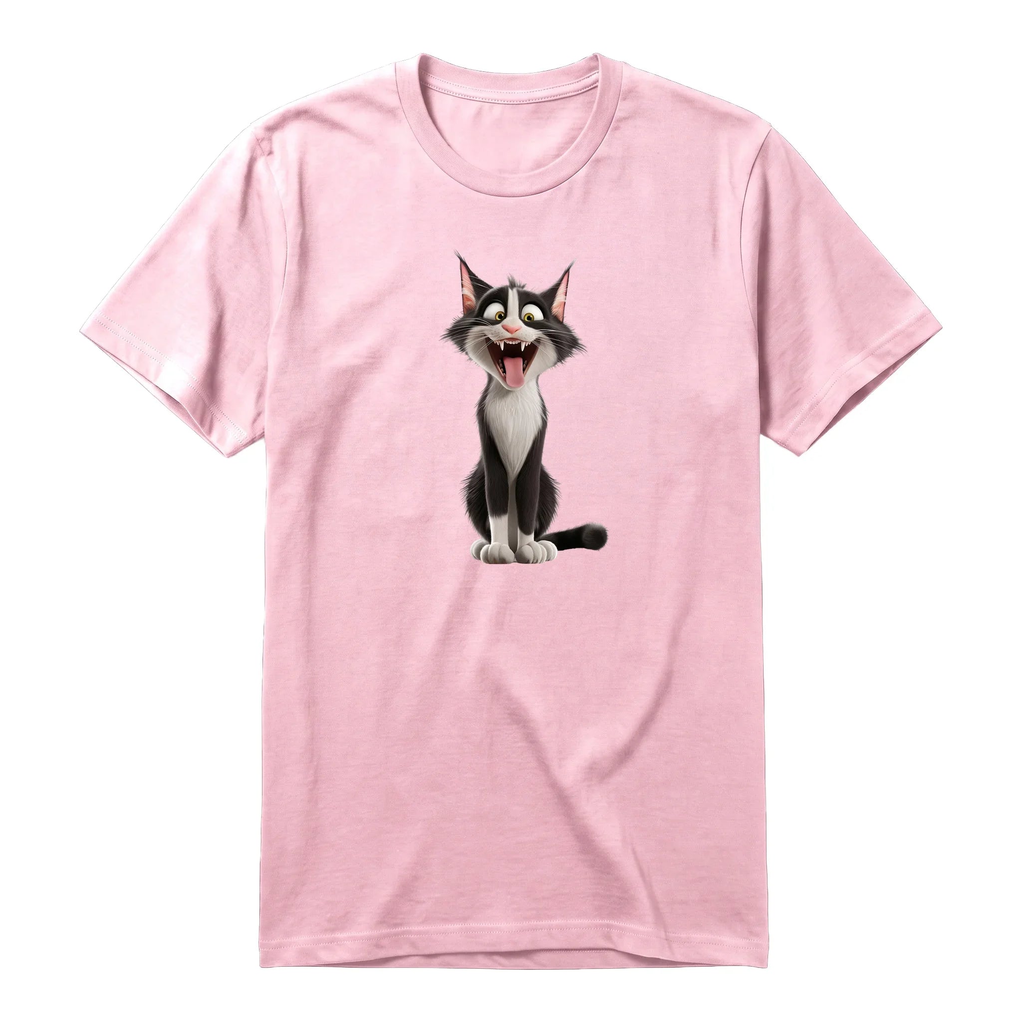 A pink short-sleeve crewneck t-shirt for adult featuring a graphic of a cat on the front.