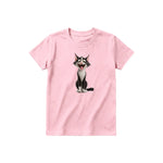 A pink short-sleeve crewneck t-shirt for youth featuring a graphic of a cat on the front.