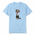 A powder short-sleeve crewneck t-shirt for adult featuring a graphic of a cat on the front.