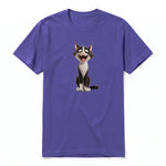 A purple short-sleeve crewneck t-shirt for adult featuring a graphic of a cat on the front.