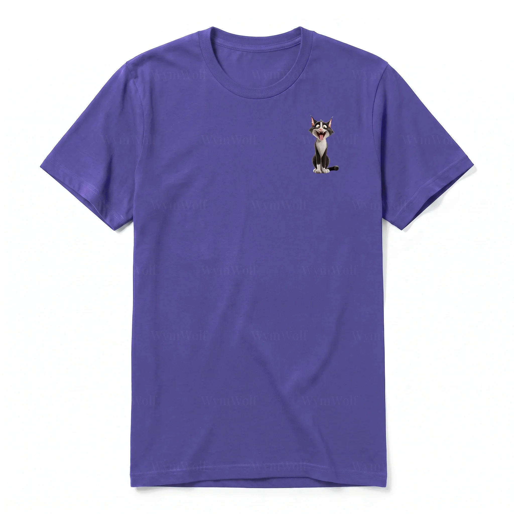 A purple short-sleeve crewneck t-shirt for adult featuring a graphic of a cat on the left chest.
