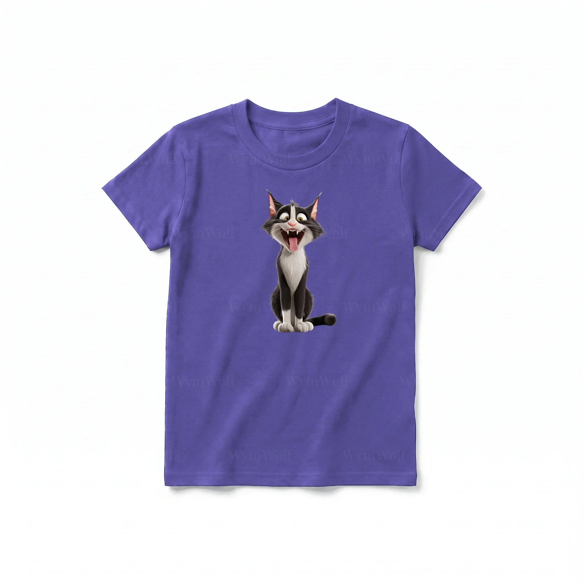 A purple short-sleeve crewneck t-shirt for youth featuring a graphic of a cat on the front.