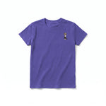 A purple short-sleeve crewneck t-shirt for youth featuring a graphic of a cat on the left chest.