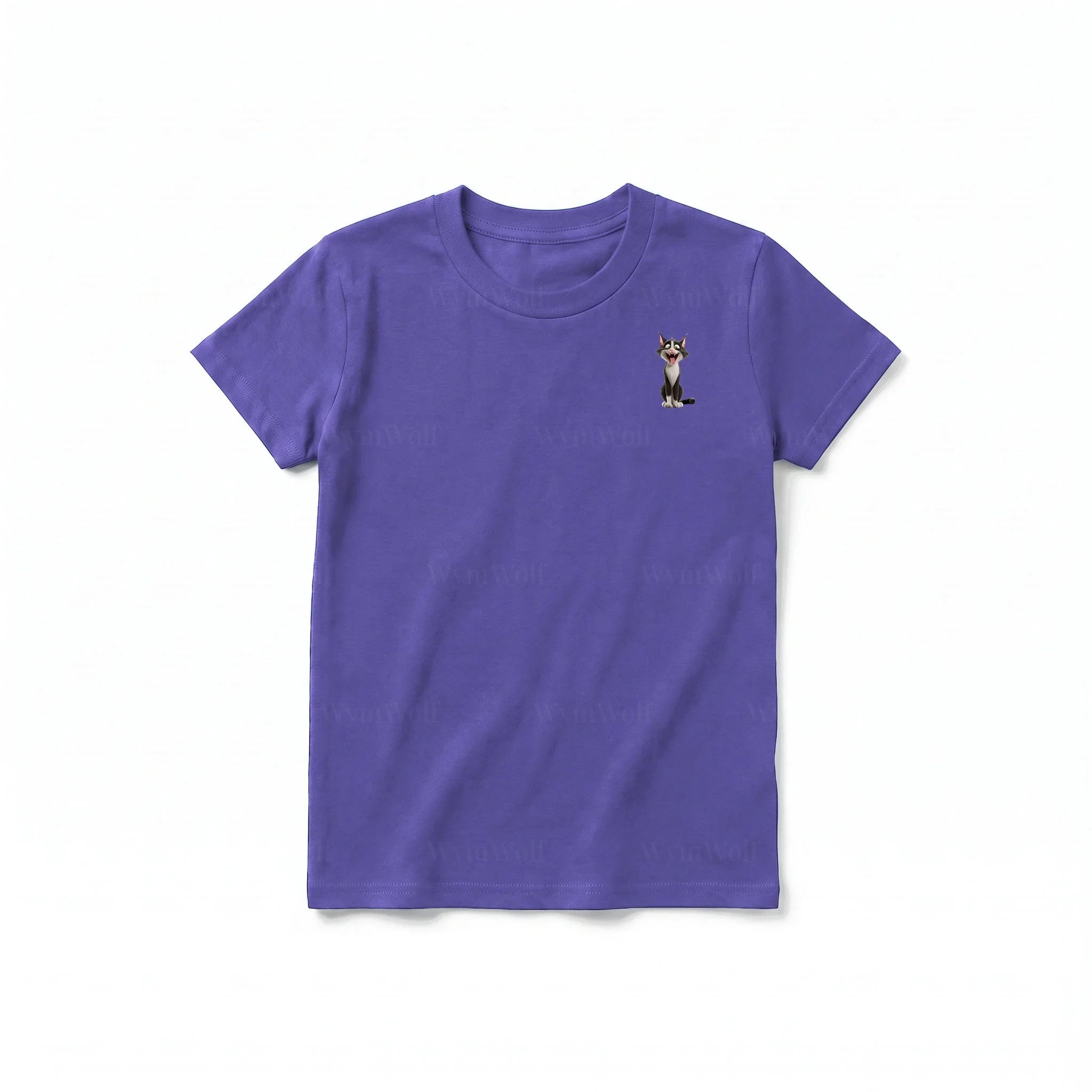 A purple short-sleeve crewneck t-shirt for youth featuring a graphic of a cat on the left chest.