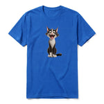 A royal short-sleeve crewneck t-shirt for adult featuring a graphic of a cat on the front.