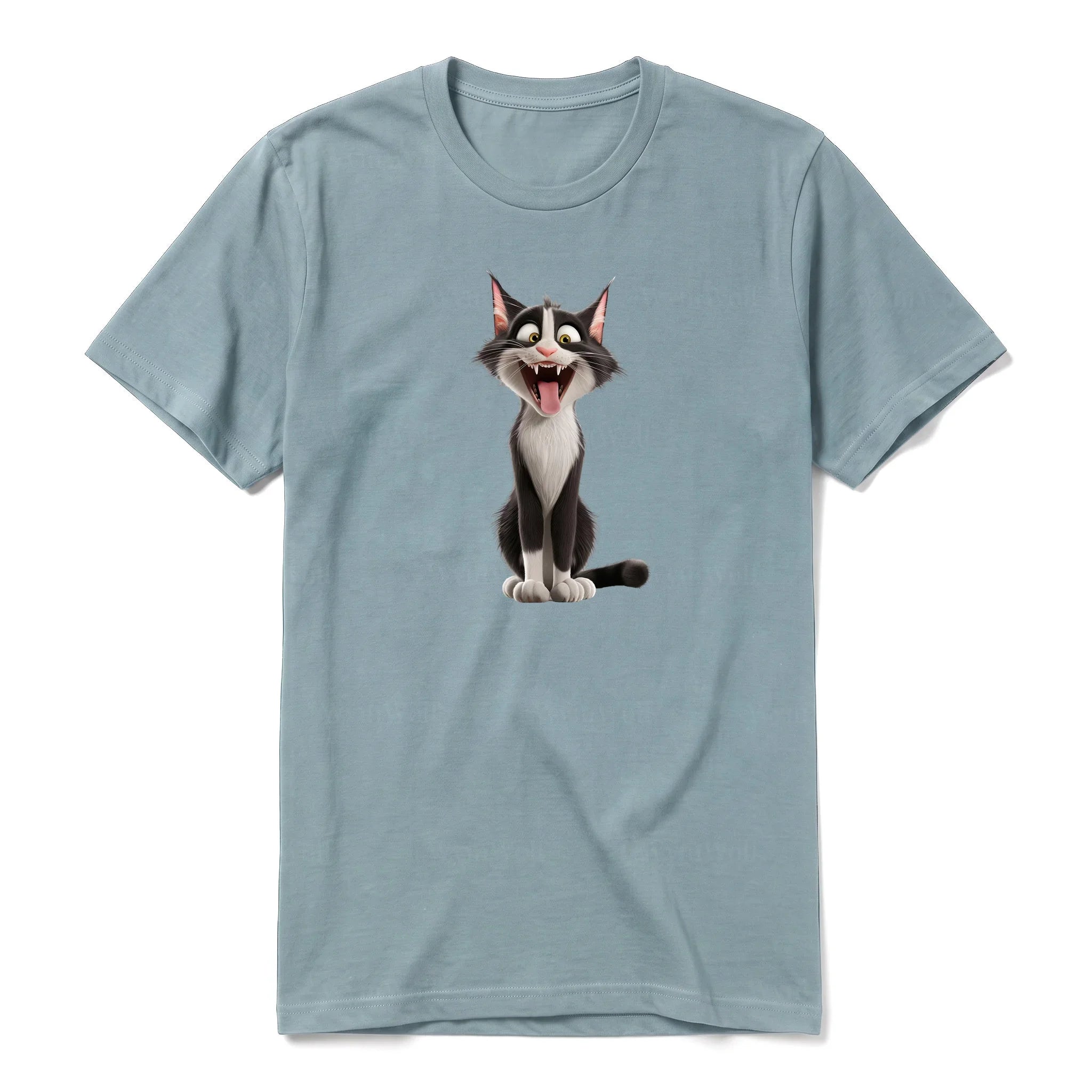 A sage short-sleeve crewneck t-shirt for adult featuring a graphic of a cat on the front.