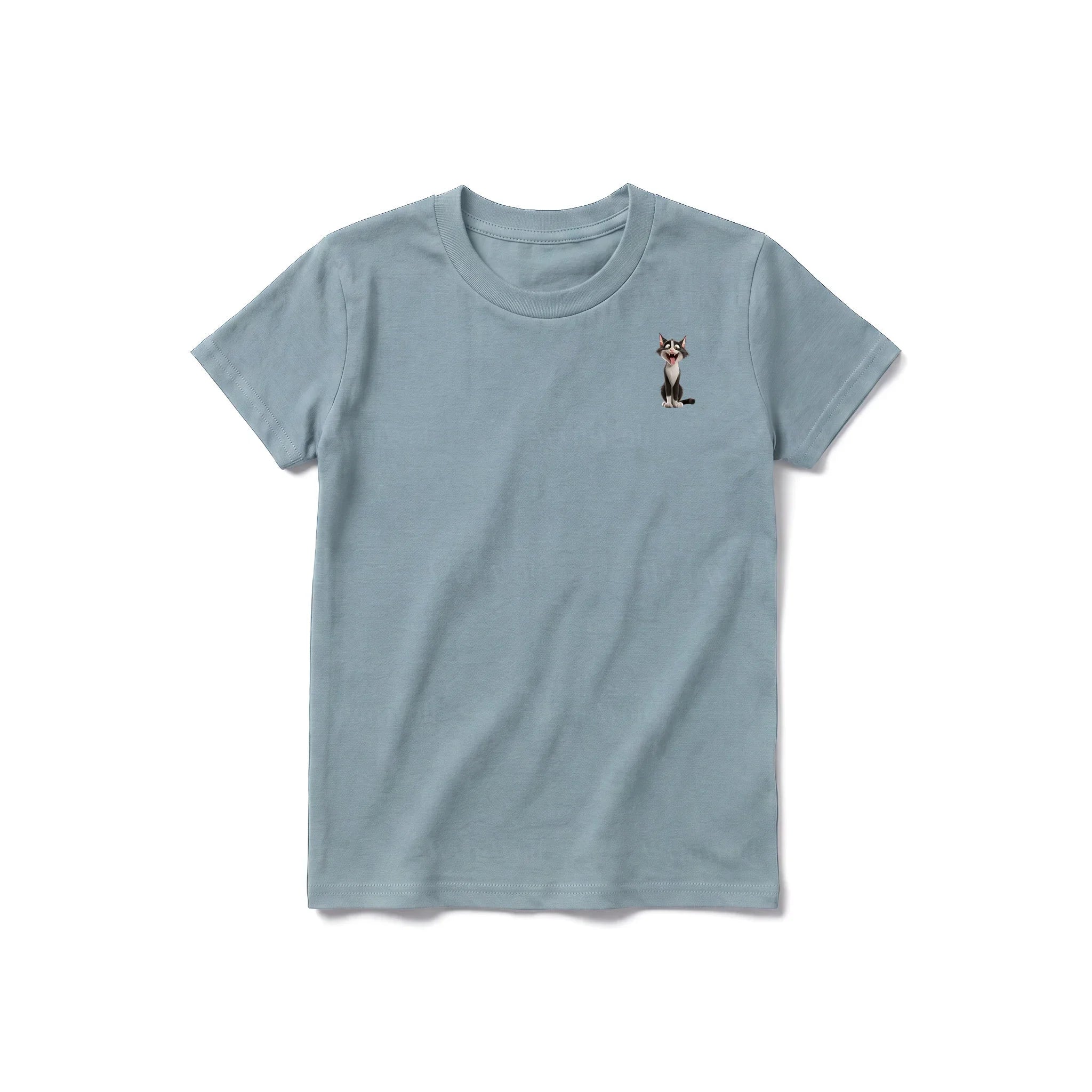 A sage short-sleeve crewneck t-shirt for youth featuring a graphic of a cat on the left chest.