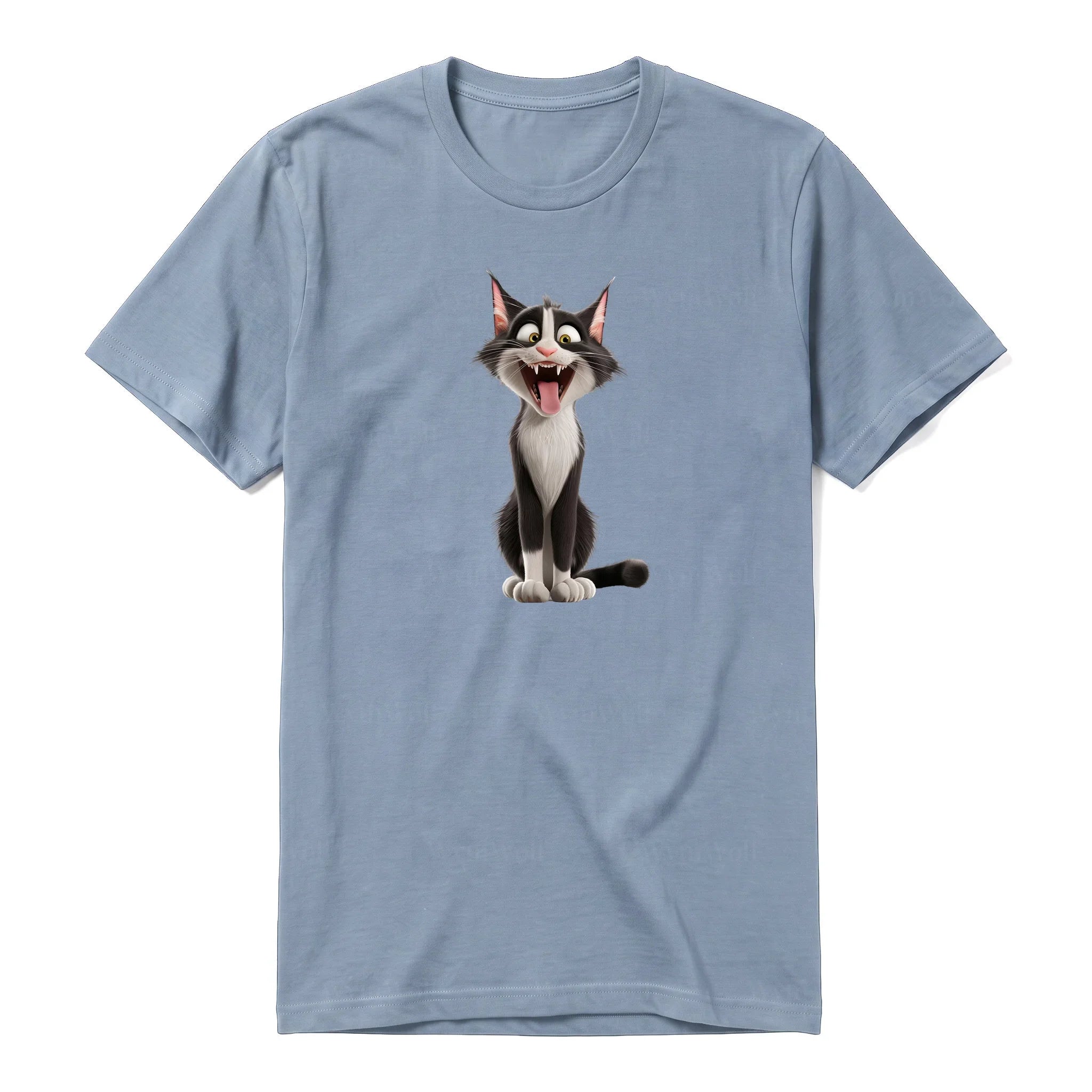 A steel-blue short-sleeve crewneck t-shirt for adult featuring a graphic of a cat on the front.