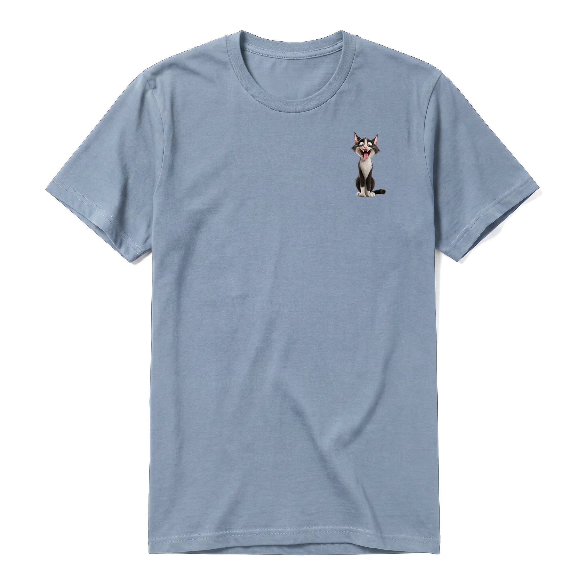 A steel-blue short-sleeve crewneck t-shirt for adult featuring a graphic of a cat on the left chest.