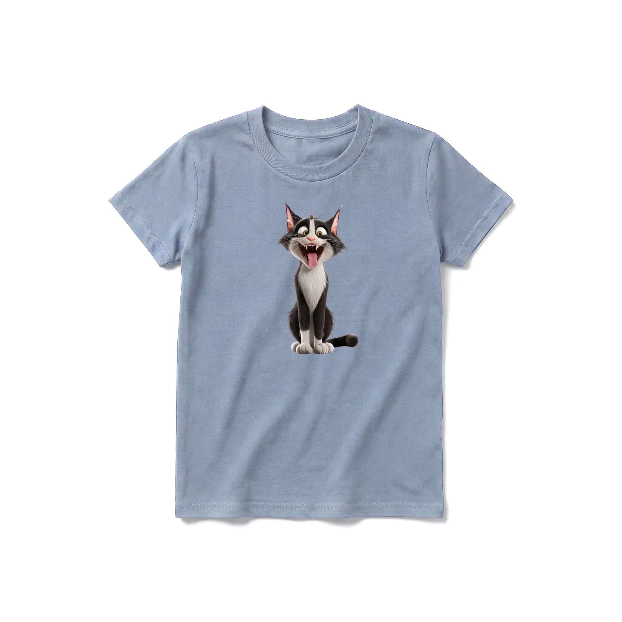 A steel-blue short-sleeve crewneck t-shirt for youth featuring a graphic of a cat on the front.