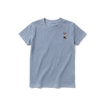 A steel-blue short-sleeve crewneck t-shirt for youth featuring a graphic of a cat on the left chest.