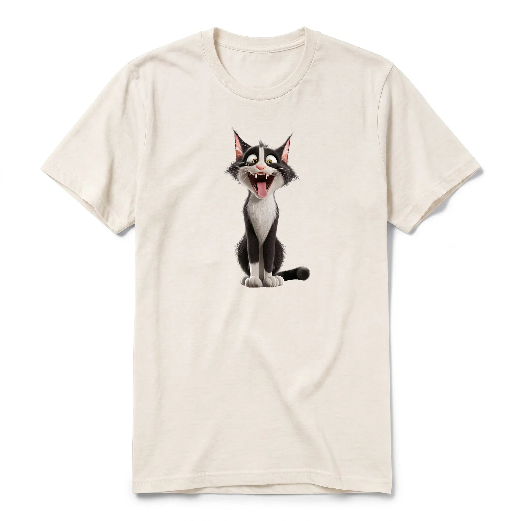 A vintage-white short-sleeve crewneck t-shirt for adult featuring a graphic of a cat on the front.