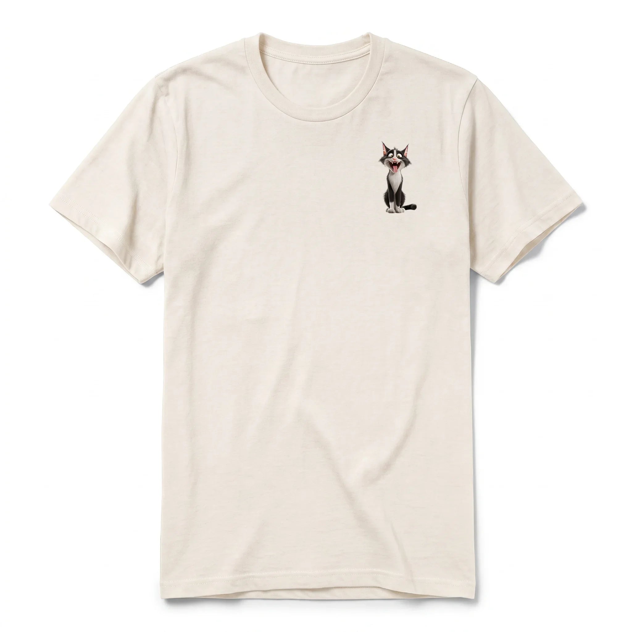 A vintage-white short-sleeve crewneck t-shirt for adult featuring a graphic of a cat on the left chest.