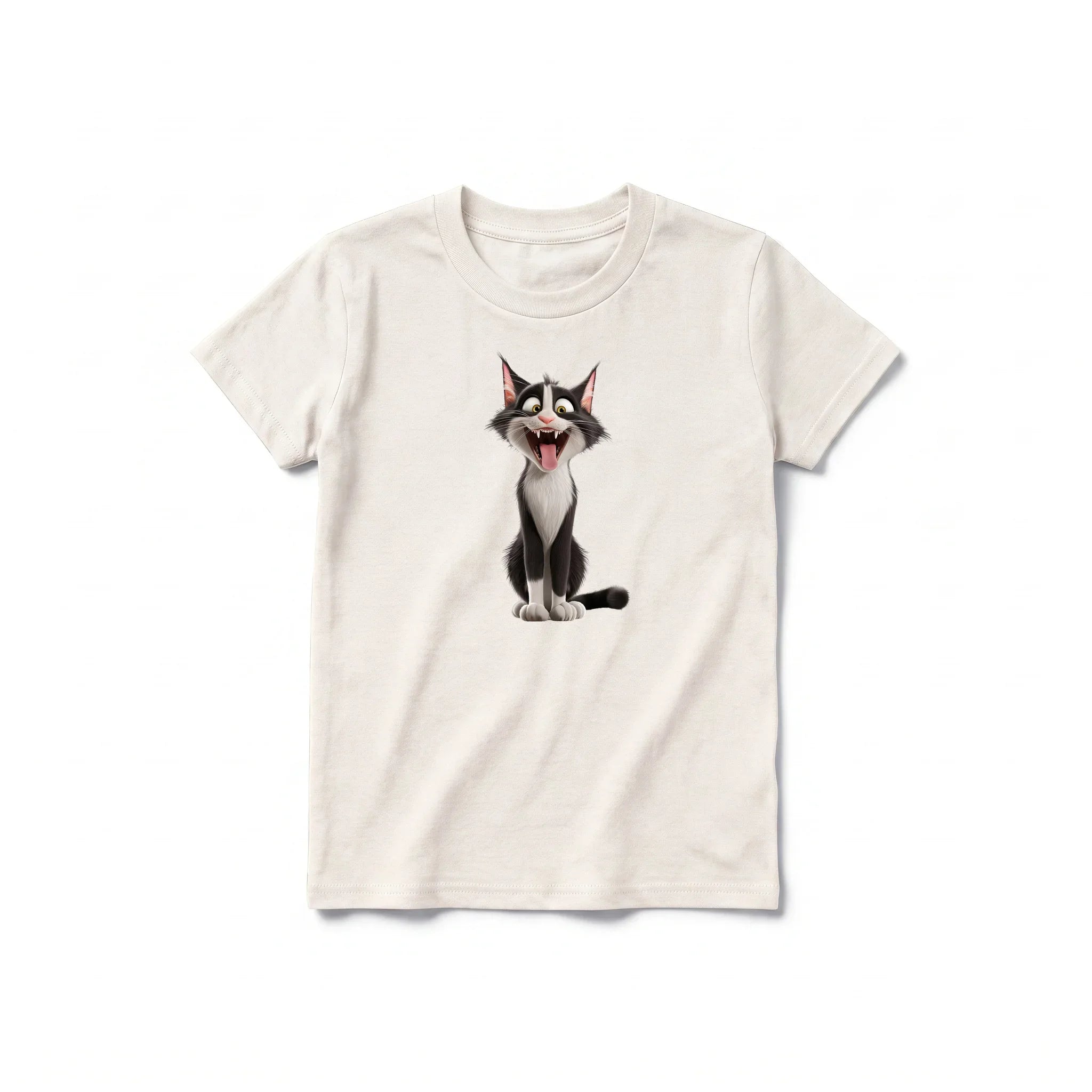 A vintage-white short-sleeve crewneck t-shirt for youth featuring a graphic of a cat on the front.