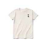 A vintage-white short-sleeve crewneck t-shirt for youth featuring a graphic of a cat on the left chest.