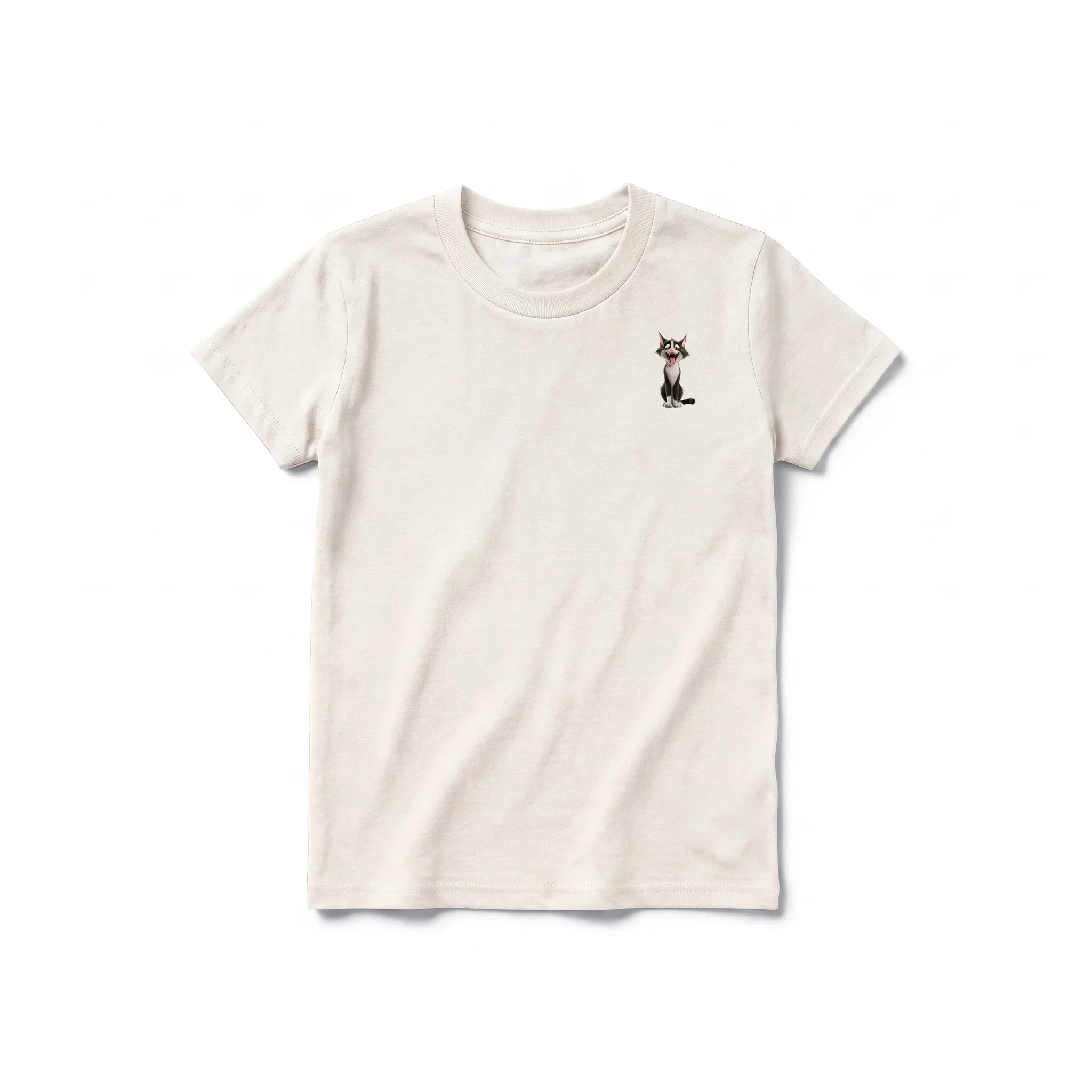 A vintage-white short-sleeve crewneck t-shirt for youth featuring a graphic of a cat on the left chest.