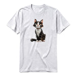 A ash grey short-sleeve crewneck t-shirt for adult featuring a graphic of a cat on the front.