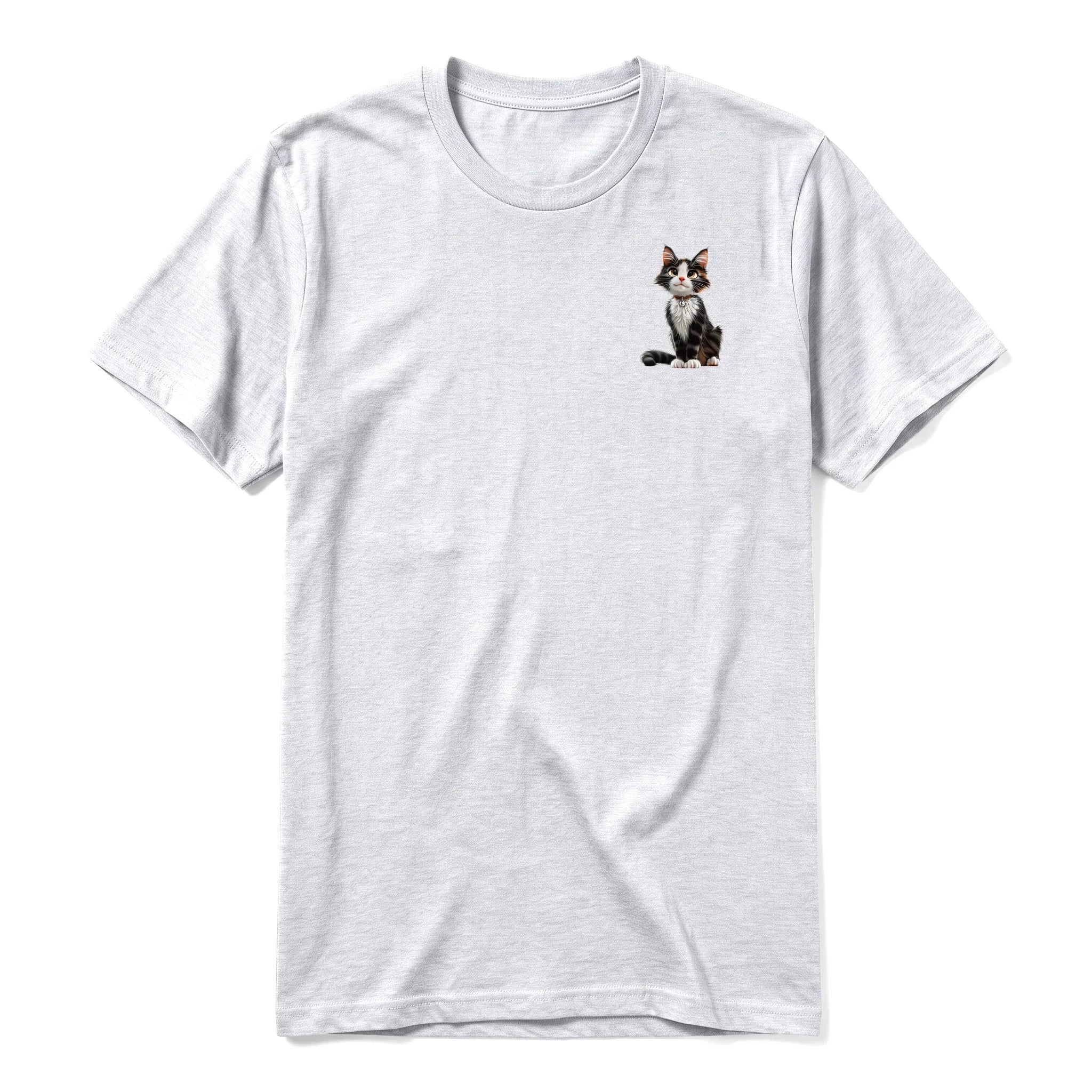 A ash grey short-sleeve crewneck t-shirt for adult featuring a graphic of a cat on the left chest.