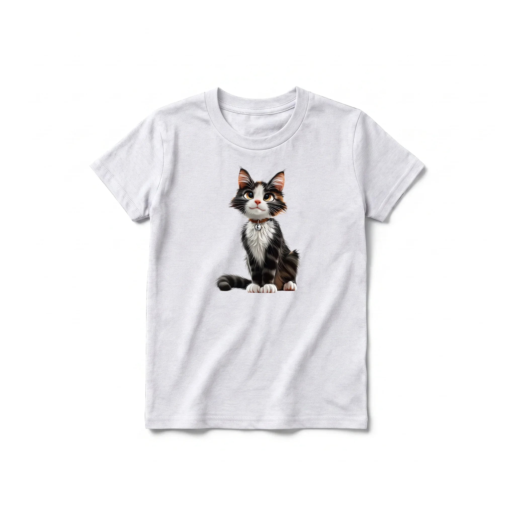 A ash grey short-sleeve crewneck t-shirt for youth featuring a graphic of a cat on the front.