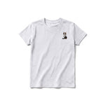 A ash grey short-sleeve crewneck t-shirt for youth featuring a graphic of a cat on the left chest.