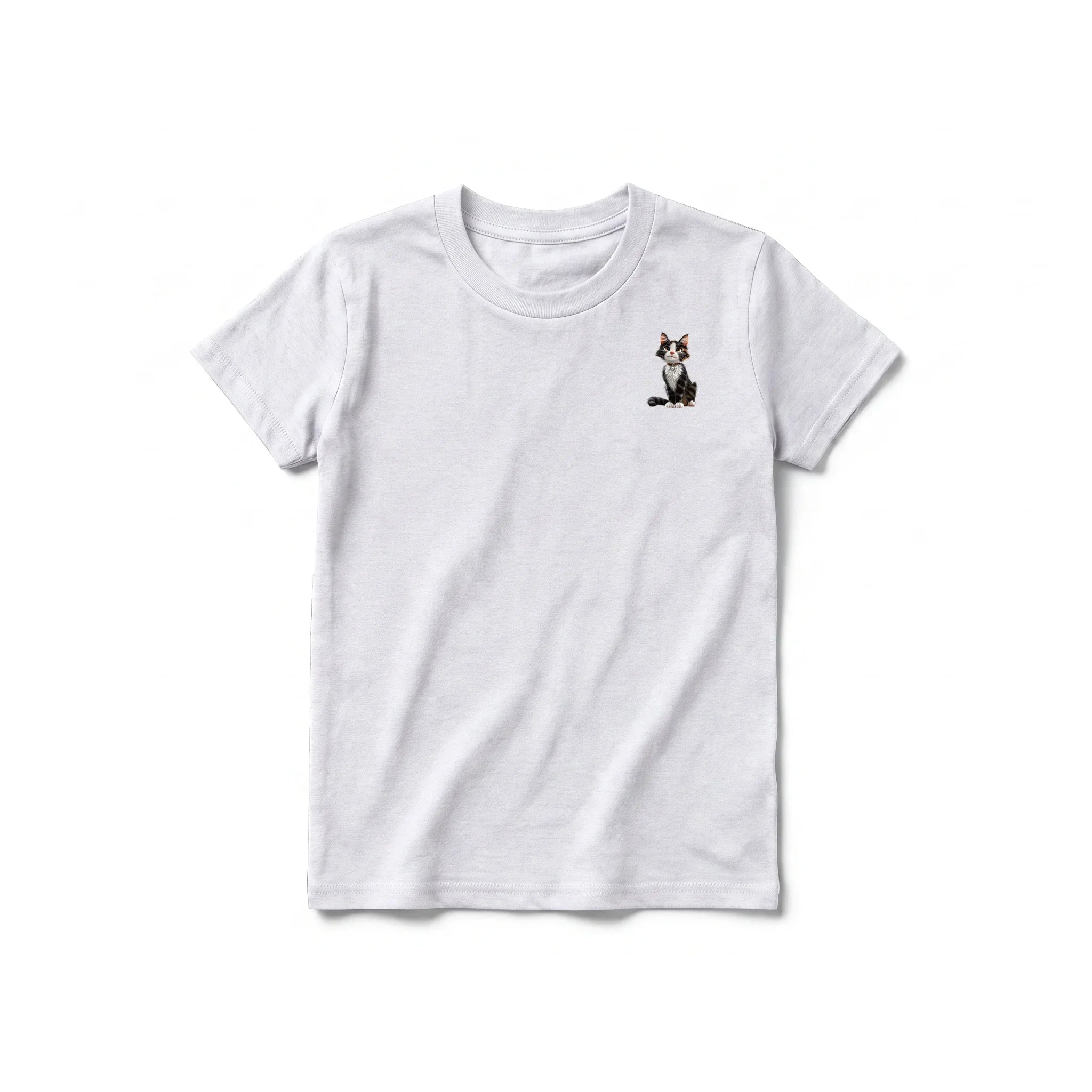 A ash grey short-sleeve crewneck t-shirt for youth featuring a graphic of a cat on the left chest.