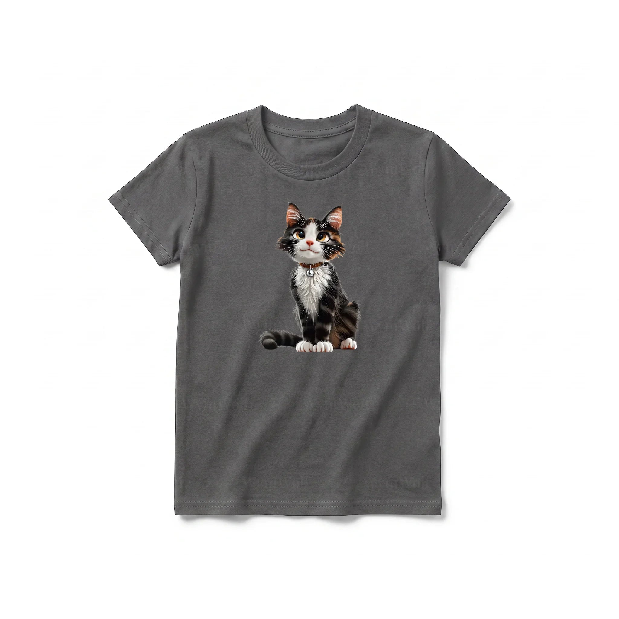 Un T-shirt charbon à manches courtes et col rond pour jeune, orné d'un motif représentant un chat sur le devant.