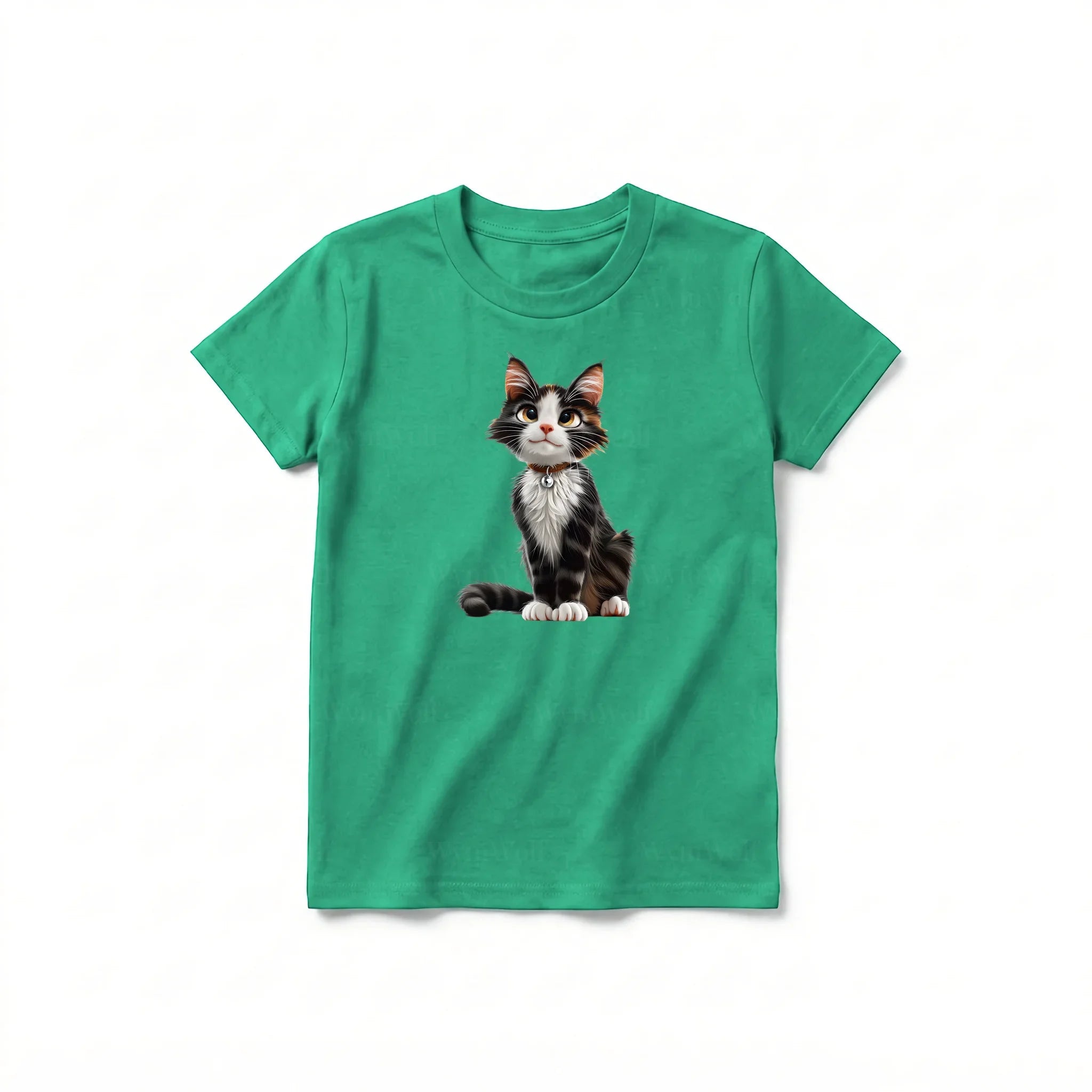 Un T-shirt kelly à manches courtes et col rond pour jeune, orné d'un motif représentant un chat sur le devant.