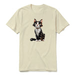 A latte short-sleeve crewneck t-shirt for adult featuring a graphic of a cat on the front.