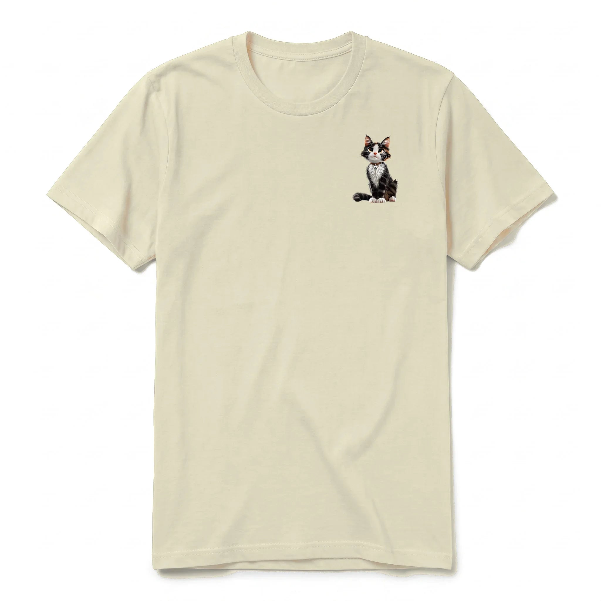 A latte short-sleeve crewneck t-shirt for adult featuring a graphic of a cat on the left chest.
