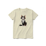 A latte short-sleeve crewneck t-shirt for youth featuring a graphic of a cat on the front.