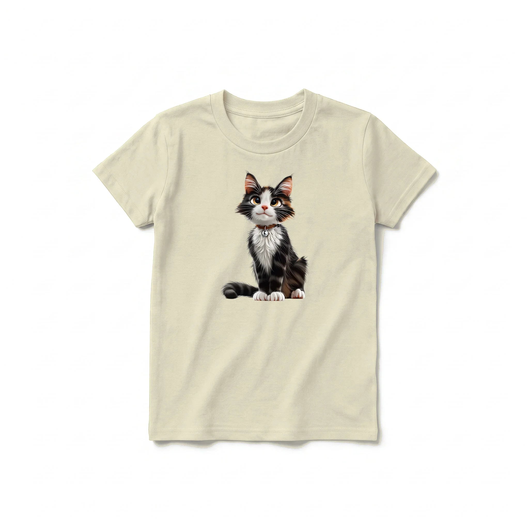 A latte short-sleeve crewneck t-shirt for youth featuring a graphic of a cat on the front.