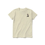 A latte short-sleeve crewneck t-shirt for youth featuring a graphic of a cat on the left chest.