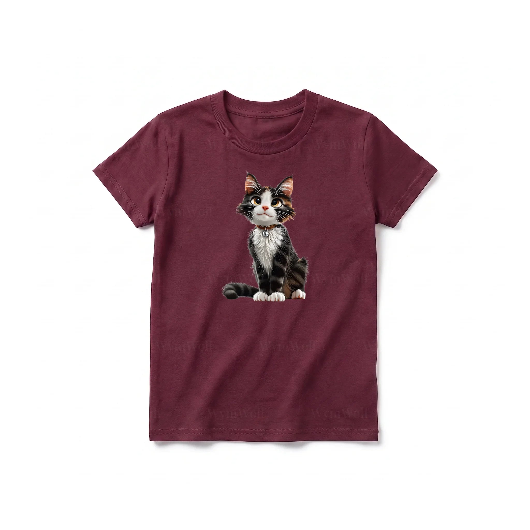 Un T-shirt marron à manches courtes et col rond pour jeune, orné d'un motif représentant un chat sur le devant.