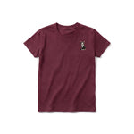 Un T-shirt marron à manches courtes et col rond pour jeune, orné d'un motif représentant un chat sur la poitrine gauche.