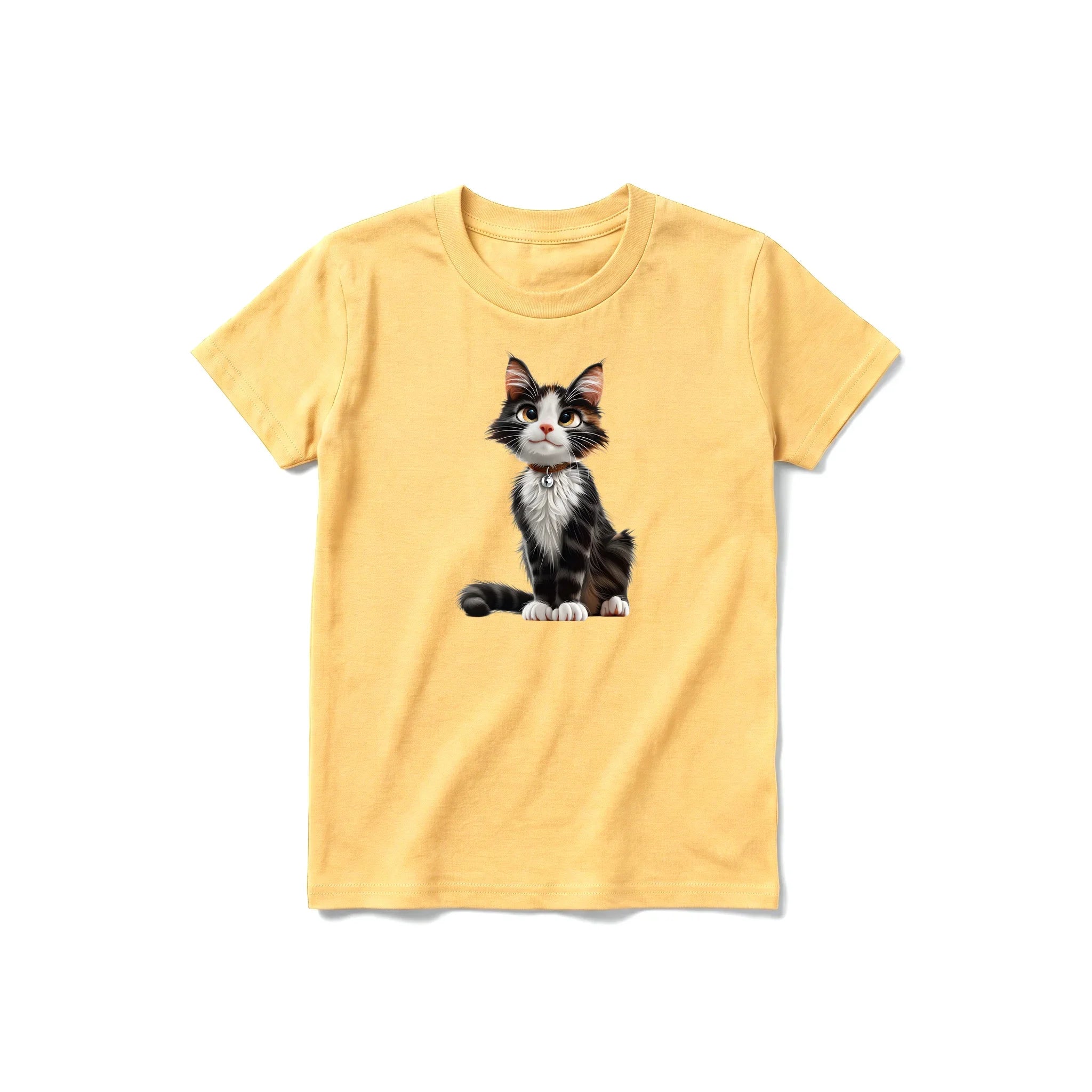 Un T-shirt moutarde à manches courtes et col rond pour jeune, orné d'un motif représentant un chat sur le devant.