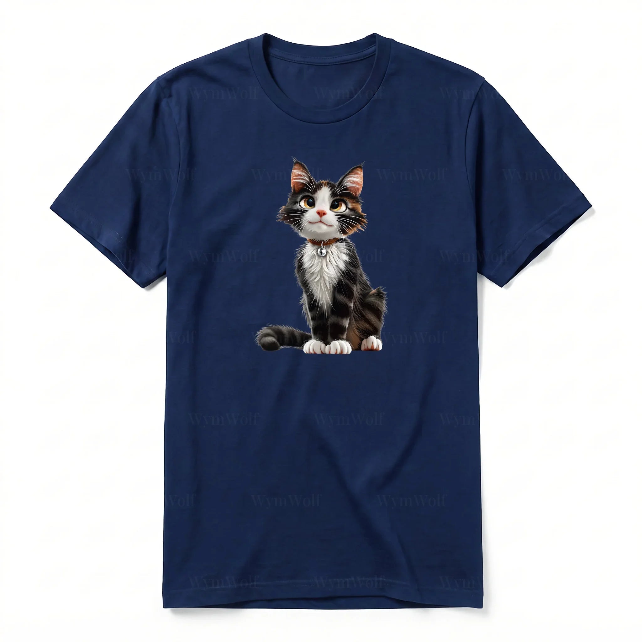 Un T-shirt marine à manches courtes et col rond, orné d'un motif représentant un chat sur le devant.