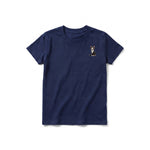 Un T-shirt marine à manches courtes et col rond pour jeune, orné d'un motif représentant un chat sur la poitrine gauche.