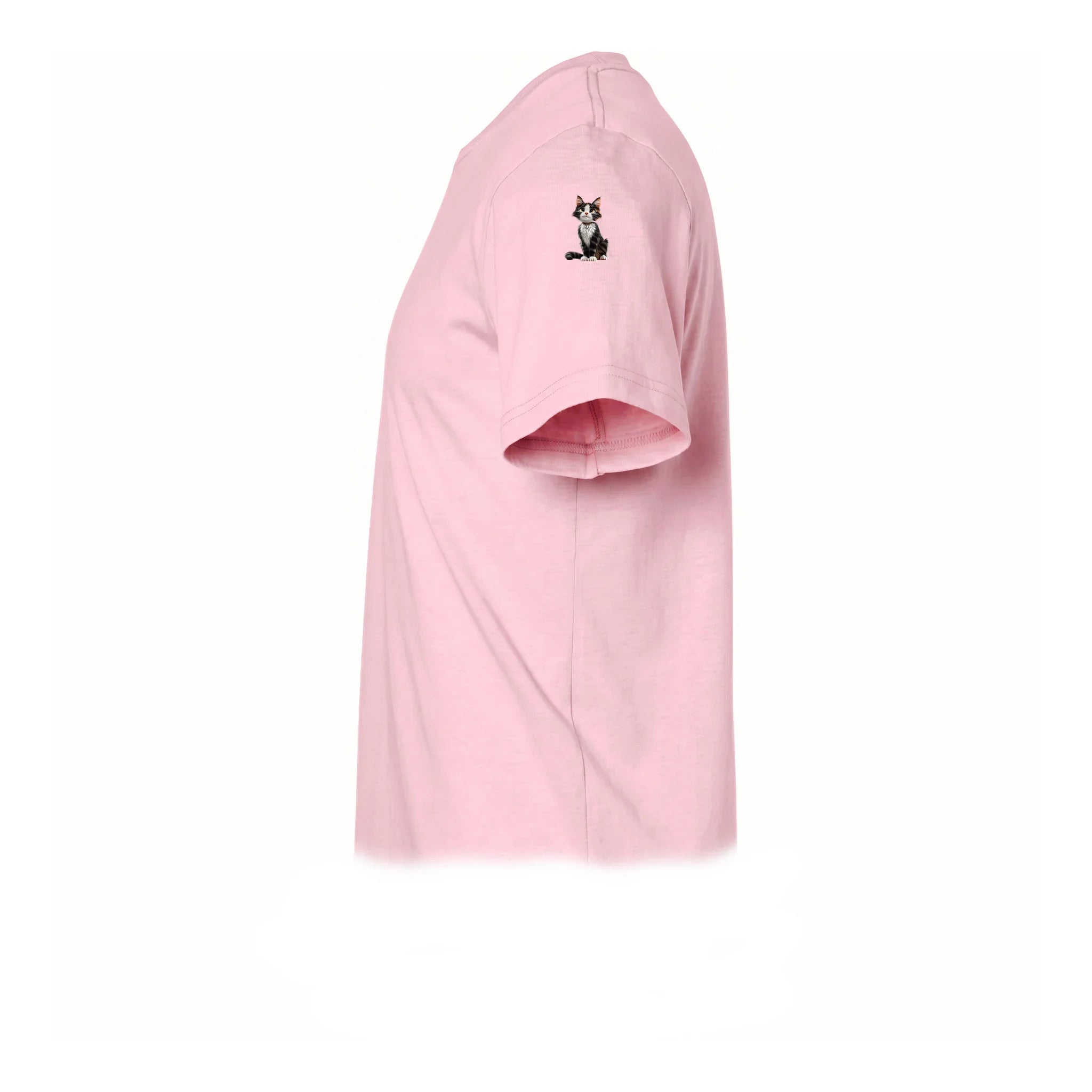 A pink short-sleeve crewneck t-shirt  featuring a small graphic of a cat on the upper left sleeve.